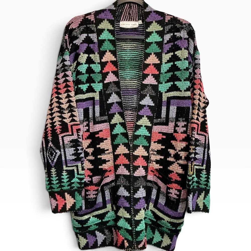 French Rags Vintage Southwest Knit Cardigan Sweater Coat Metallic L / XL USA